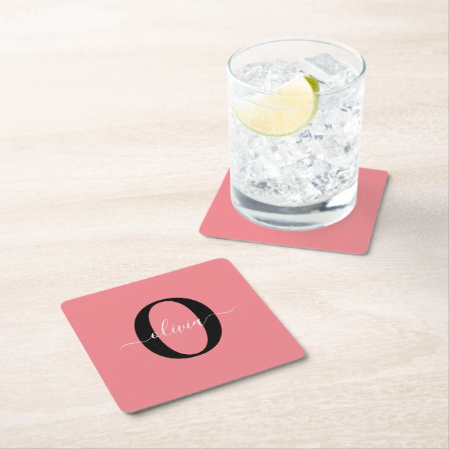 Personalised Monogram Script Name Black White Pink Square Paper Coaster (Insitu)