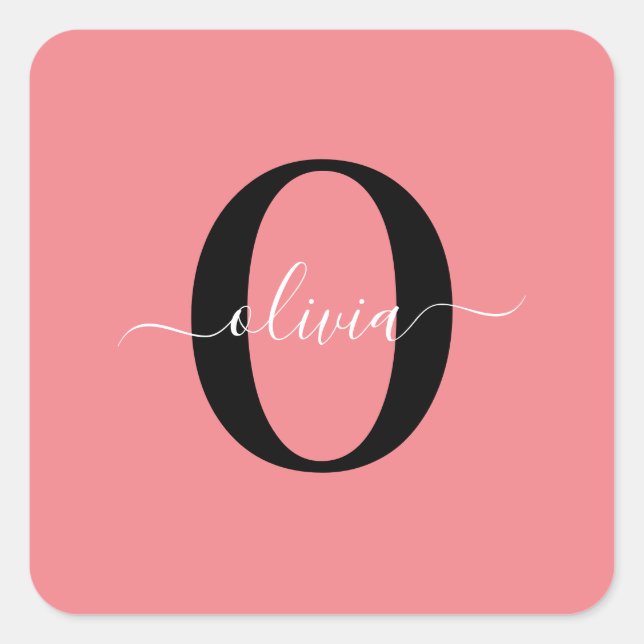 Personalised Monogram Script Name Black White Pink Square Sticker (Front)