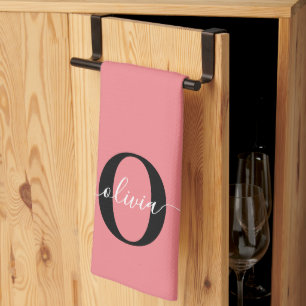 Personalised Monogram Script Name Black White Pink Tea Towel