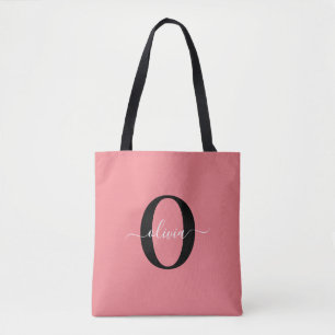 Personalised Monogram Script Name Black White Pink Tote Bag