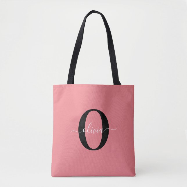 Personalised Monogram Script Name Black White Pink Tote Bag (Front)