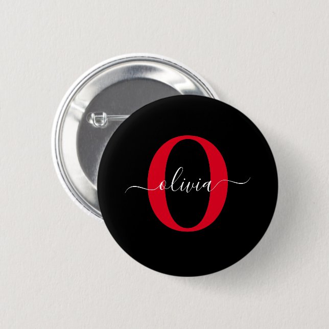 Personalised Monogram Script Name Black White Red 6 Cm Round Badge (Front & Back)