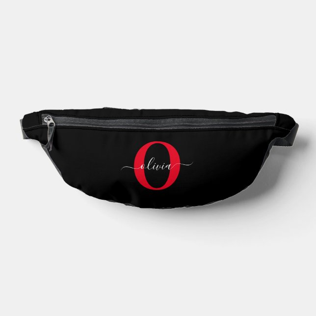 Personalised Monogram Script Name Black White Red Bum Bags (Lay Down)
