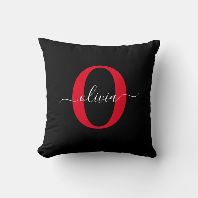 Personalised Monogram Script Name Black White Red Cushion (Front)