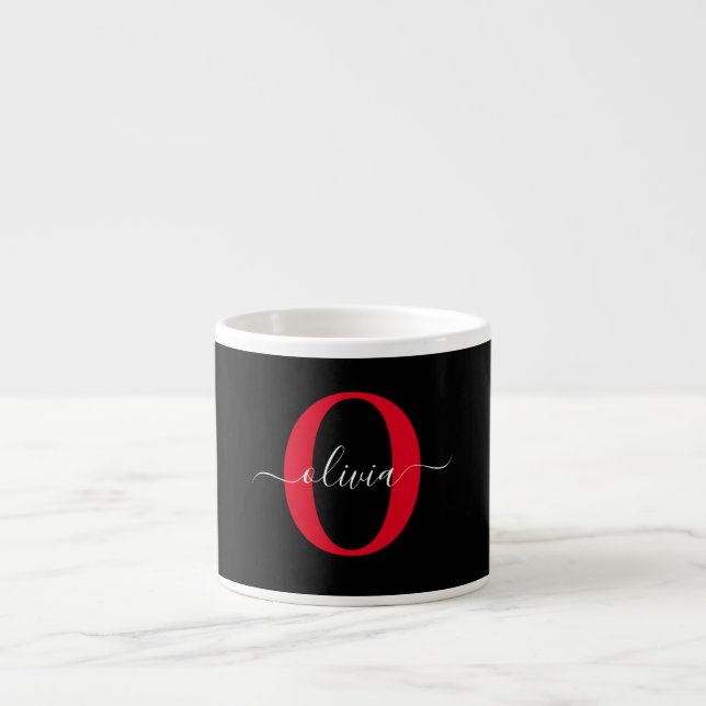 Personalised Monogram Script Name Black White Red Espresso Cup (Front)