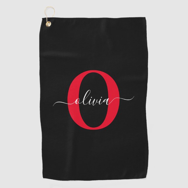Personalised Monogram Script Name Black White Red Golf Towel (Front)