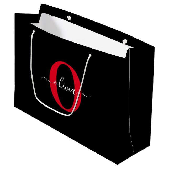 Personalised Monogram Script Name Black White Red Large Gift Bag (Front Angled)