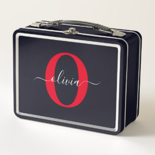 Personalised Monogram Script Name Black White Red Metal Lunch Box
