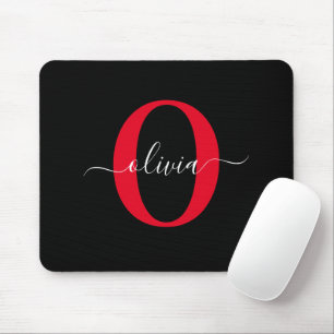 Personalised Monogram Script Name Black White Red Mouse Pad