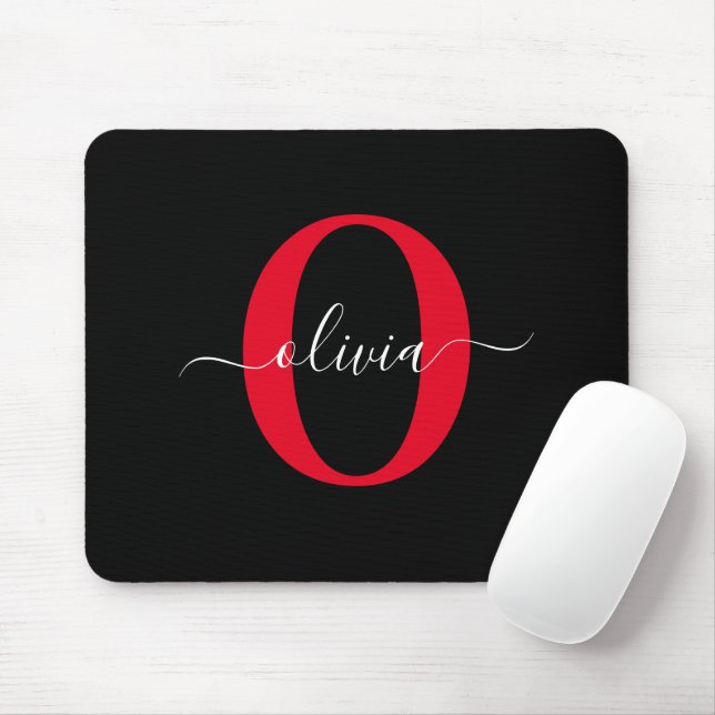 Personalised Monogram Script Name Black White Red Mouse Pad (With Mouse)