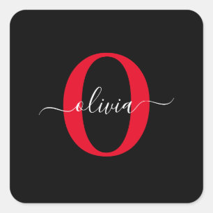 Personalised Monogram Script Name Black White Red Square Sticker