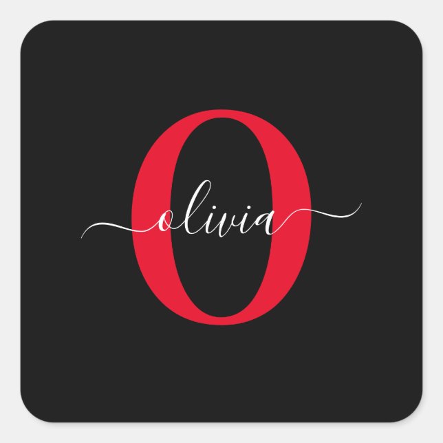 Personalised Monogram Script Name Black White Red Square Sticker (Front)
