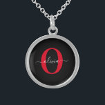 Personalised Monogram Script Name Black White Red Sterling Silver Necklace<br><div class="desc">This elegant monogram and stylish script name design can be given as a gift for a birthday, wedding, bridal shower, anniversary, Mother's Day or any occasion. It can be personalised with the person's initial and name. You can change the font, font colour, font size and background colour using the Design...</div>