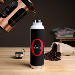 Personalised Monogram Script Name Black White Red Water Bottle