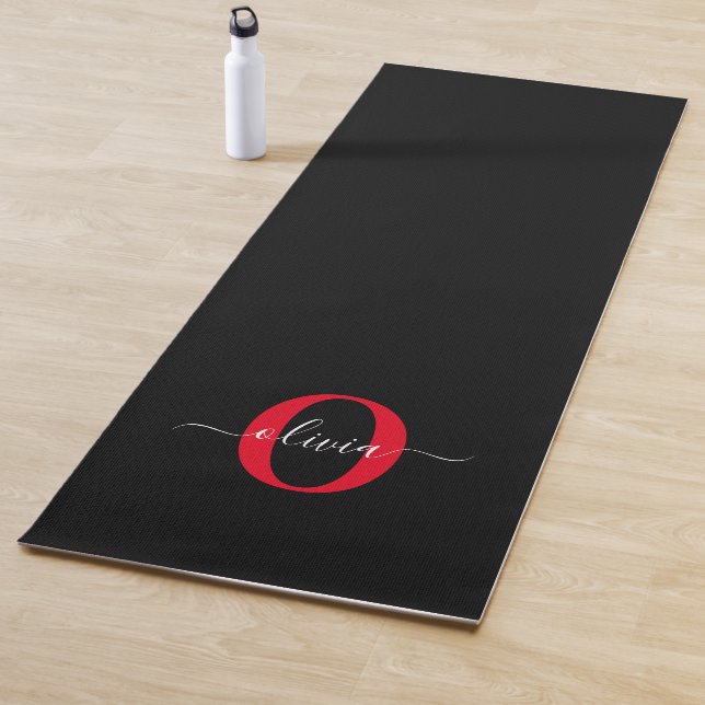 Personalised Monogram Script Name Black White Red Yoga Mat (In Situ)