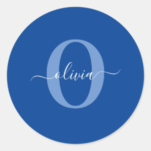 Personalised Monogram Script Name Blue White Classic Round Sticker