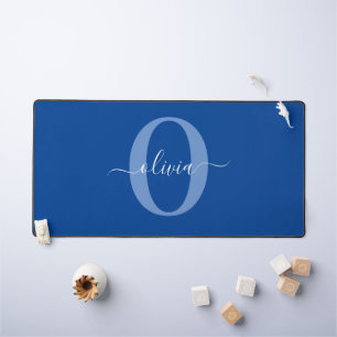 Personalised Monogram Script Name Blue White Desk Mat