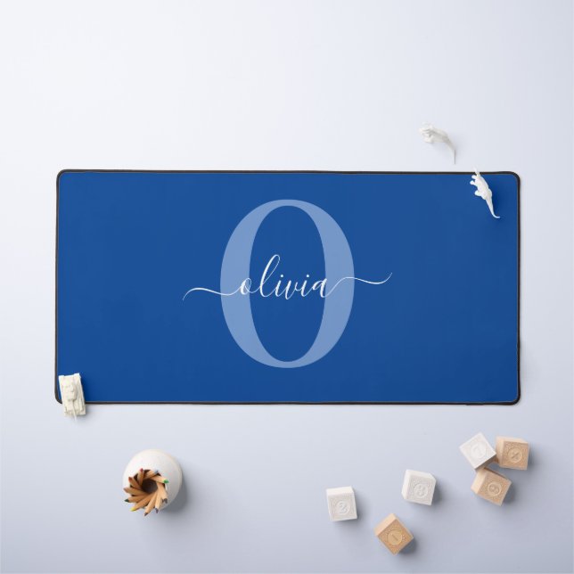 Personalised Monogram Script Name Blue White Desk Mat (Kids Table)