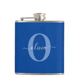 Personalised Monogram Script Name Blue White Hip Flask