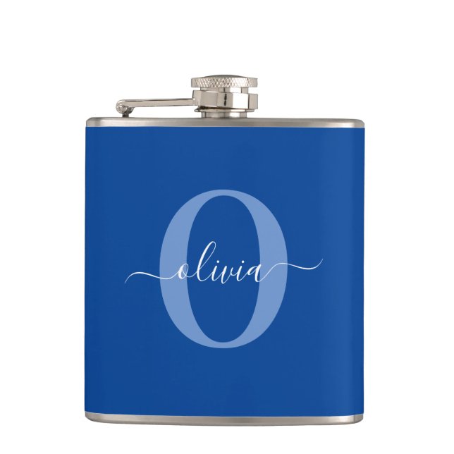 Personalised Monogram Script Name Blue White Hip Flask (Front)