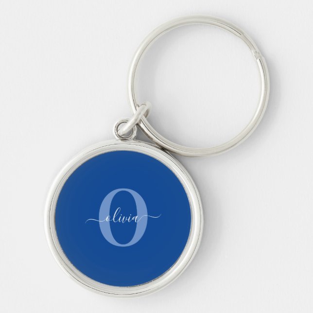 Personalised Monogram Script Name Blue White Key Ring (Front)