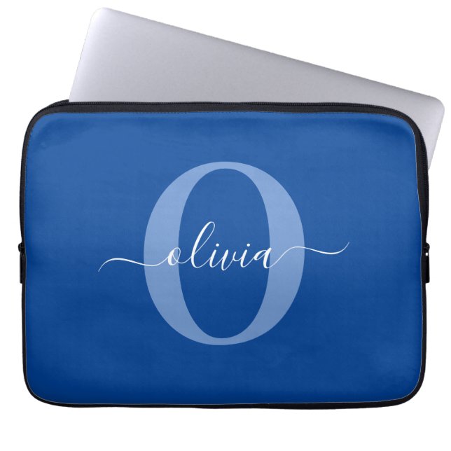 Personalised Monogram Script Name Blue White Laptop Sleeve (Front)
