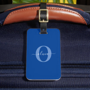 Personalised Monogram Script Name Blue White Luggage Tag