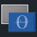 Personalised Monogram Script Name Blue White Magnet<br><div class="desc">This elegant monogram and stylish script name design can be given as a gift for any occasion. It can be personalised with the person's initial and name. You can change the font, font colour, font size and background colour using the Design Tool. The font size will need to be reduced...</div>