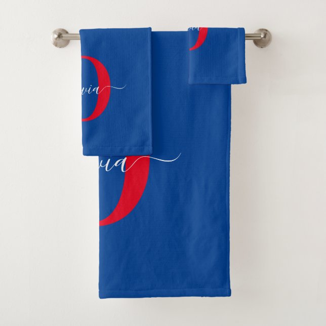 Personalised Monogram Script Name Blue White Red Bath Towel Set (Insitu)