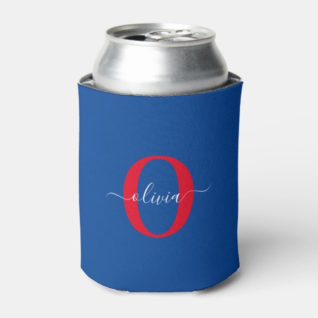 Personalised Monogram Script Name Blue White Red Can Cooler (Can Front)
