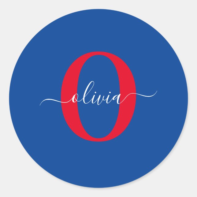 Personalised Monogram Script Name Blue White Red Classic Round Sticker (Front)