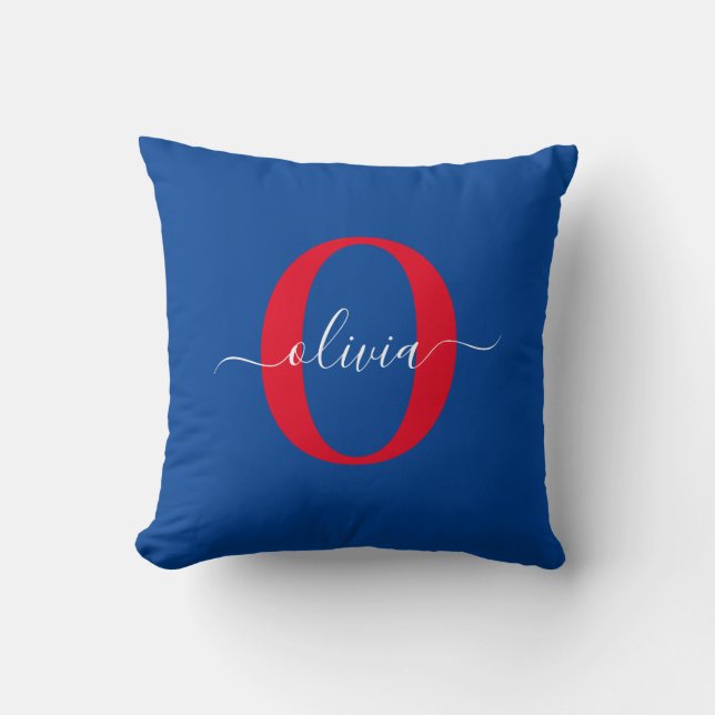 Personalised Monogram Script Name Blue White Red Cushion (Front)