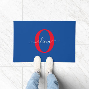 Personalised Monogram Script Name Blue White Red Doormat