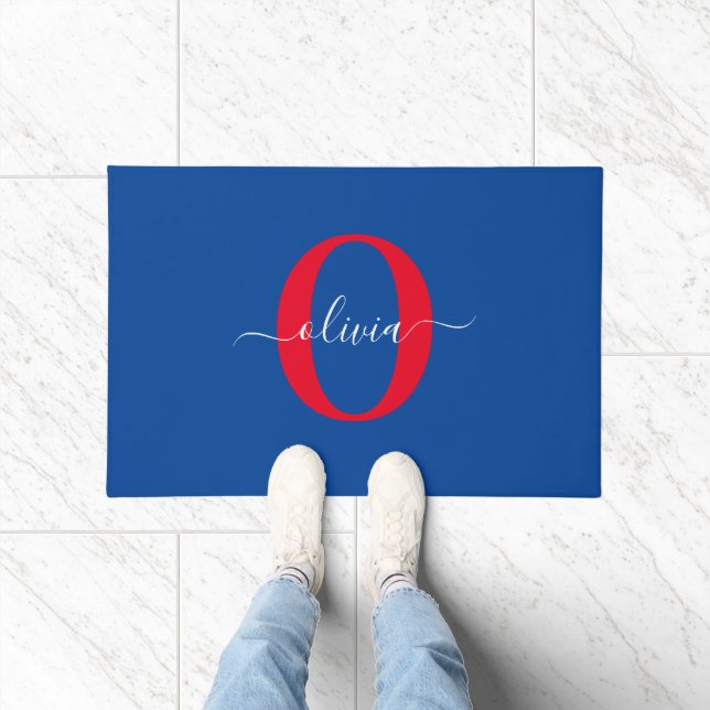 Personalised Monogram Script Name Blue White Red Doormat (Indoor)