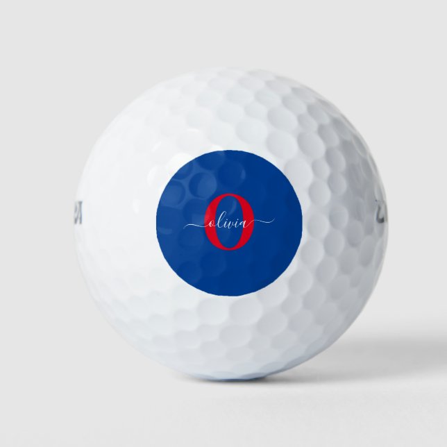 Personalised Monogram Script Name Blue White Red Golf Balls (Front)