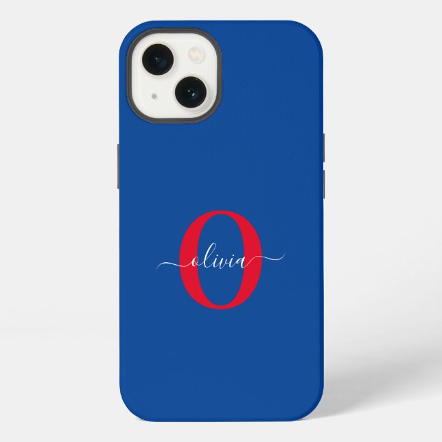 Personalised Monogram Script Name Blue White Red iPhone Case (Back)