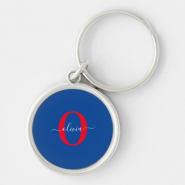 Personalised Monogram Script Name Blue White Red Key Ring (Front)