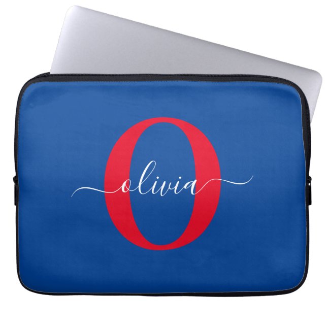 Personalised Monogram Script Name Blue White Red Laptop Sleeve (Front)