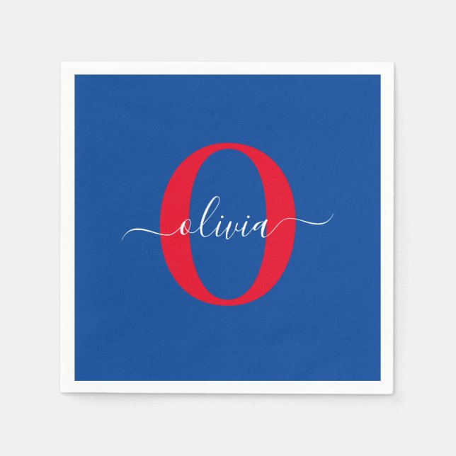 Personalised Monogram Script Name Blue White Red Napkin (Front)