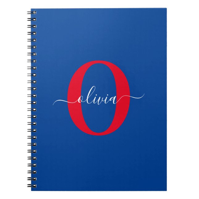 Personalised Monogram Script Name Blue White Red Notebook (Front)