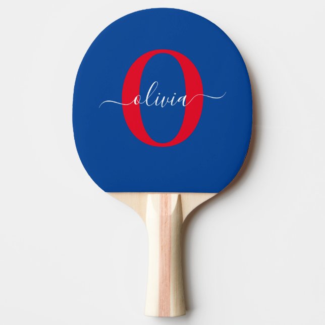 Personalised Monogram Script Name Blue White Red Ping Pong Paddle (Front)