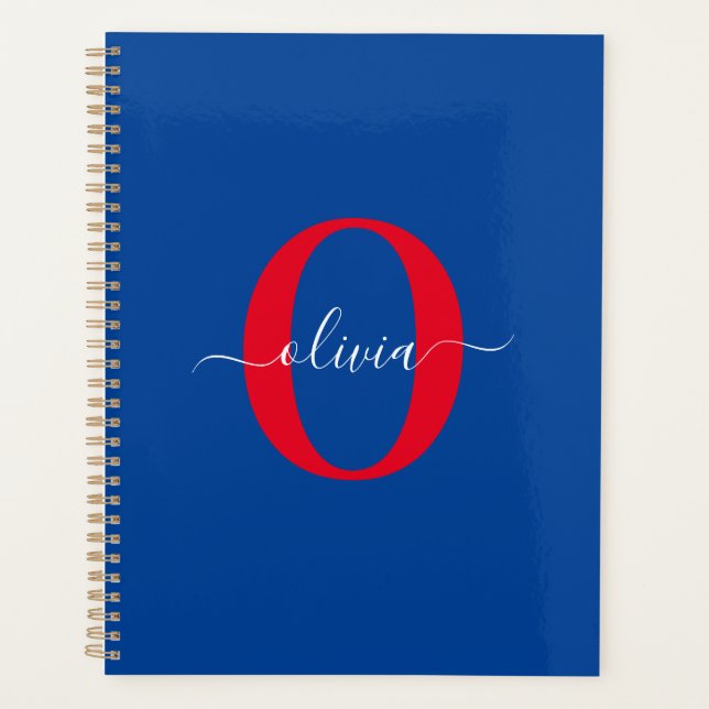 Personalised Monogram Script Name Blue White Red Planner (Front)