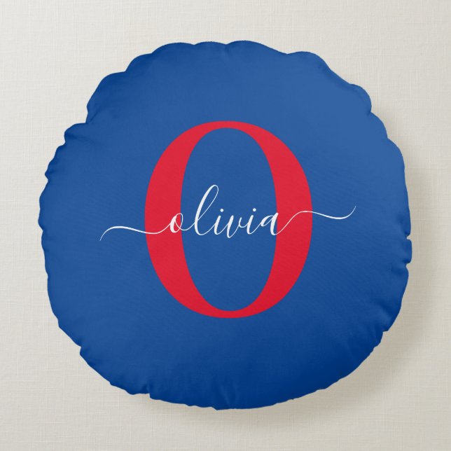 Personalised Monogram Script Name Blue White Red Round Cushion (Front)