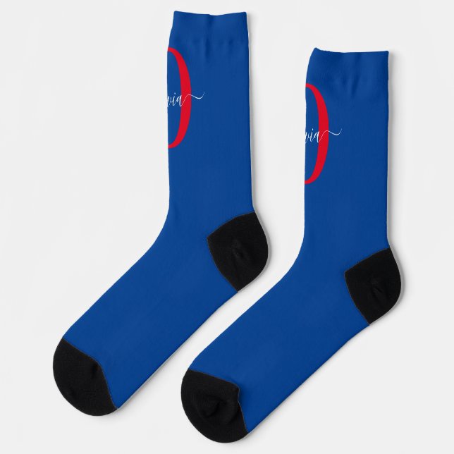 Personalised Monogram Script Name Blue White Red Socks (Left)