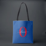 Personalised Monogram Script Name Blue White Red Tote Bag<br><div class="desc">This elegant monogram and stylish script name design can be given as a gift for a birthday, wedding, bridal shower, anniversary, Mother's Day or any occasion. It can be personalised with the person's initial and name. You can change the font, font colour, font size and background colour using the Design...</div>