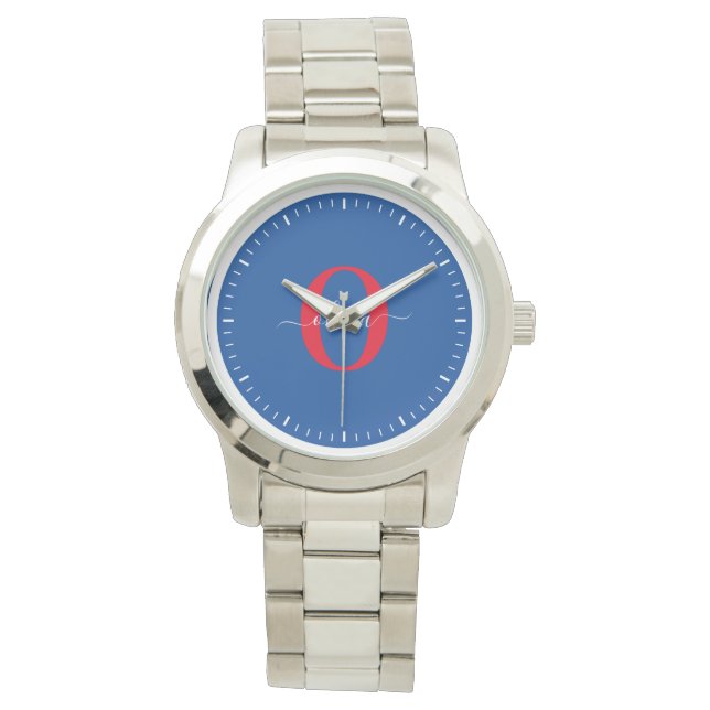 Personalised Monogram Script Name Blue White Red Watch (Front)