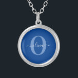 Personalised Monogram Script Name Blue White Silver Plated Necklace<br><div class="desc">This elegant monogram and stylish script name design can be given as a gift for a birthday, wedding, bridal shower, anniversary, Mother's Day or any occasion. It can be personalised with the person's initial and name. You can change the font, font colour, font size and background colour using the Design...</div>