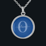 Personalised Monogram Script Name Blue White Sterling Silver Necklace<br><div class="desc">This elegant monogram and stylish script name design can be given as a gift for a birthday, wedding, bridal shower, anniversary, Mother's Day or any occasion. It can be personalised with the person's initial and name. You can change the font, font colour, font size and background colour using the Design...</div>