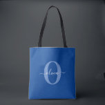 Personalised Monogram Script Name Blue White Tote Bag<br><div class="desc">This elegant monogram and stylish script name design can be given as a gift for a birthday, wedding, bridal shower, anniversary, Mother's Day or any occasion. It can be personalised with the person's initial and name. You can change the font, font colour, font size and background colour using the Design...</div>