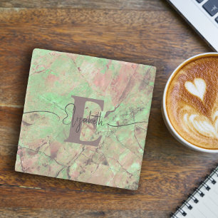 Personalised Monogram Script Name Green Marble Stone Coaster